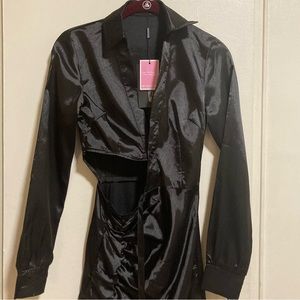 Pretty Little Thing - NWT - Black Satin Cut Out Ruched Dress - Size 0